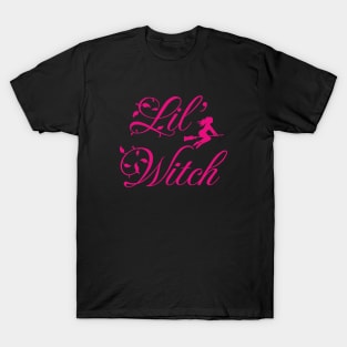 Lil' witch; little witch; girl; Halloween; trick or treater; cute; hot pink; black; witches; broom; magic; T-Shirt